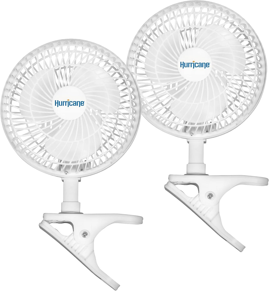 Hurricane 2-Pack Classic Clip-On Table Fan with 2 Quiet Speeds, White, 6inch - Portable Corded Electric Air Cooling Unit with 306 CFM and Adjustable Tilt for Desk, Shelf, Home, Office or Dorm Use