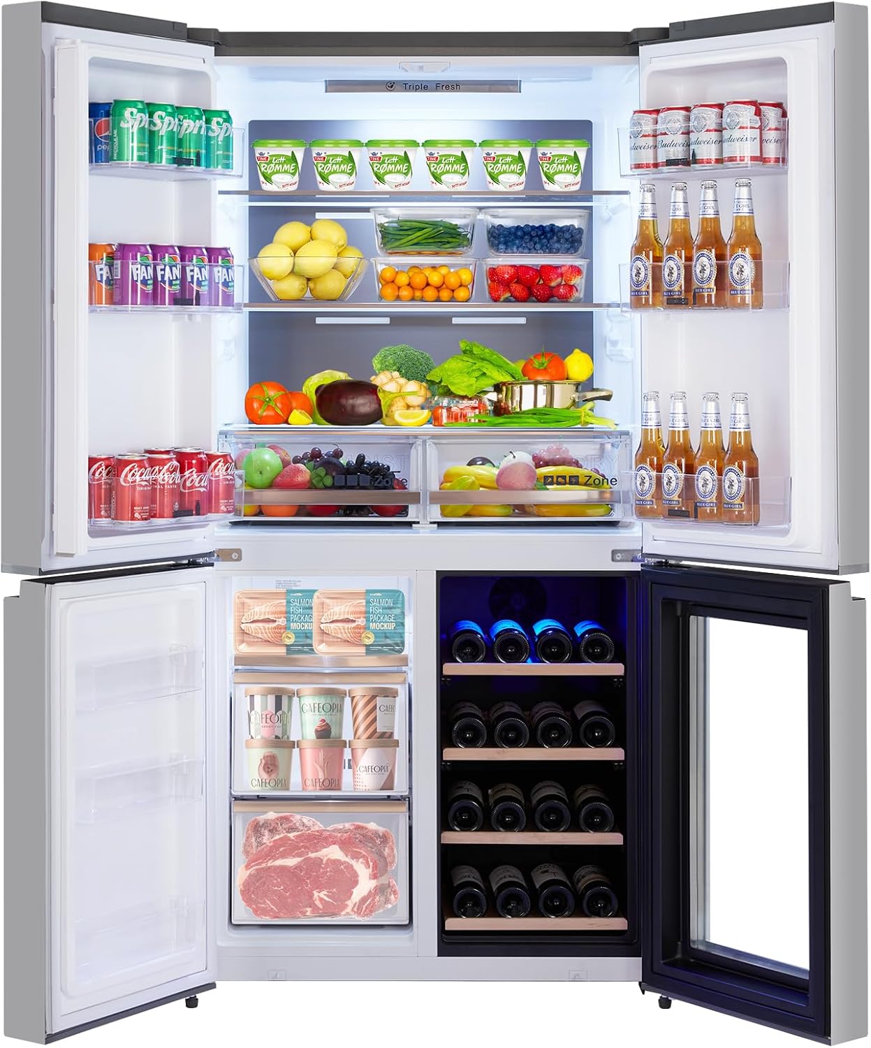 Frenc Doo Refrigerator 2 Cu.F Refrigerato wit Adjustabl Glas Shelves Botto Freeze wit Win Cabinet Doors LE Lighting Ful Siz Freeze Kitche Fridge Silver