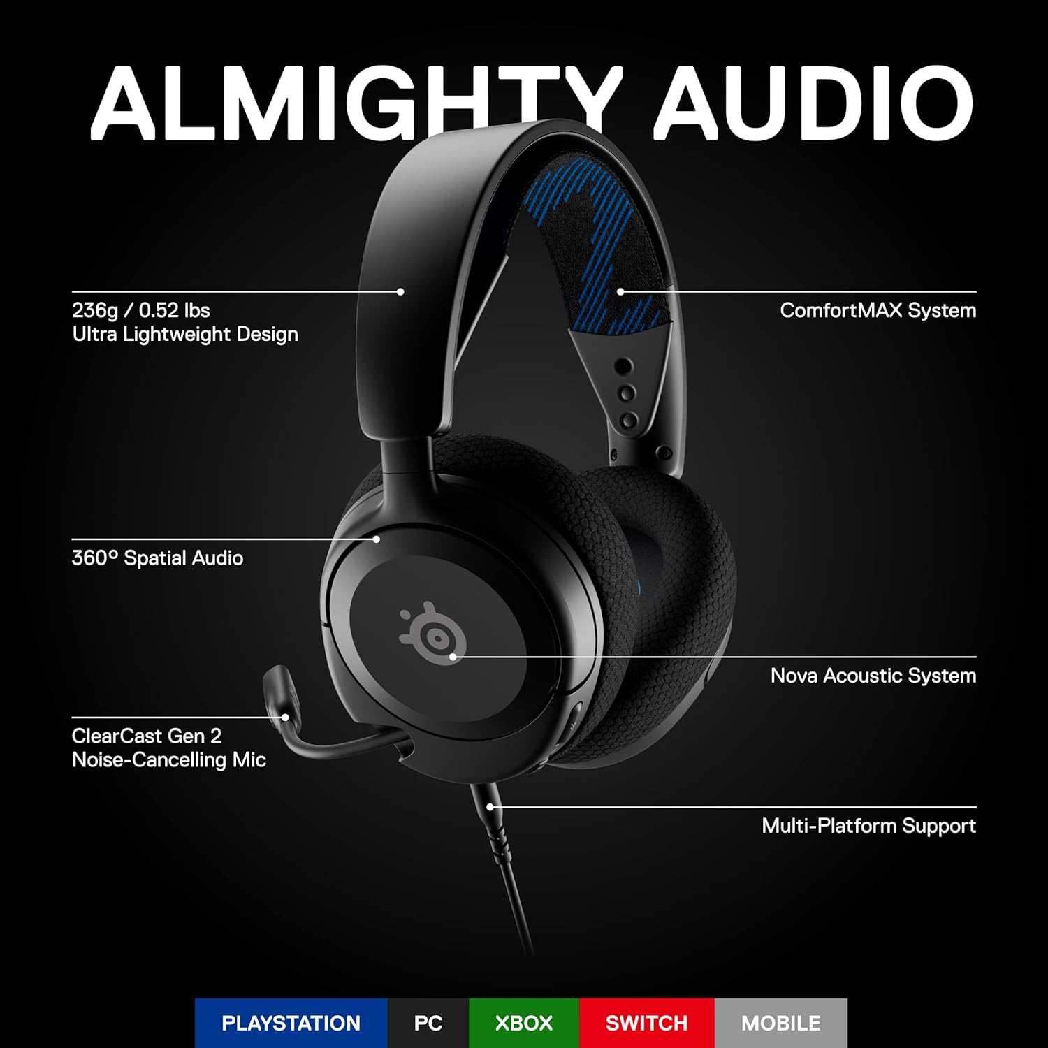 SteelSeries New Arctis Nova 1P Multi-System Gaming wired Headset ¡ª Hi-Fi Drivers ¡ª 360¡ã Spatial Audio ¡ª Comfort Design ¡ª Durable ¡ª Lightweight¡ªNoise-Cancelling Mic ¡ª PS5/PS4, PC, Xbox, Switch - Black