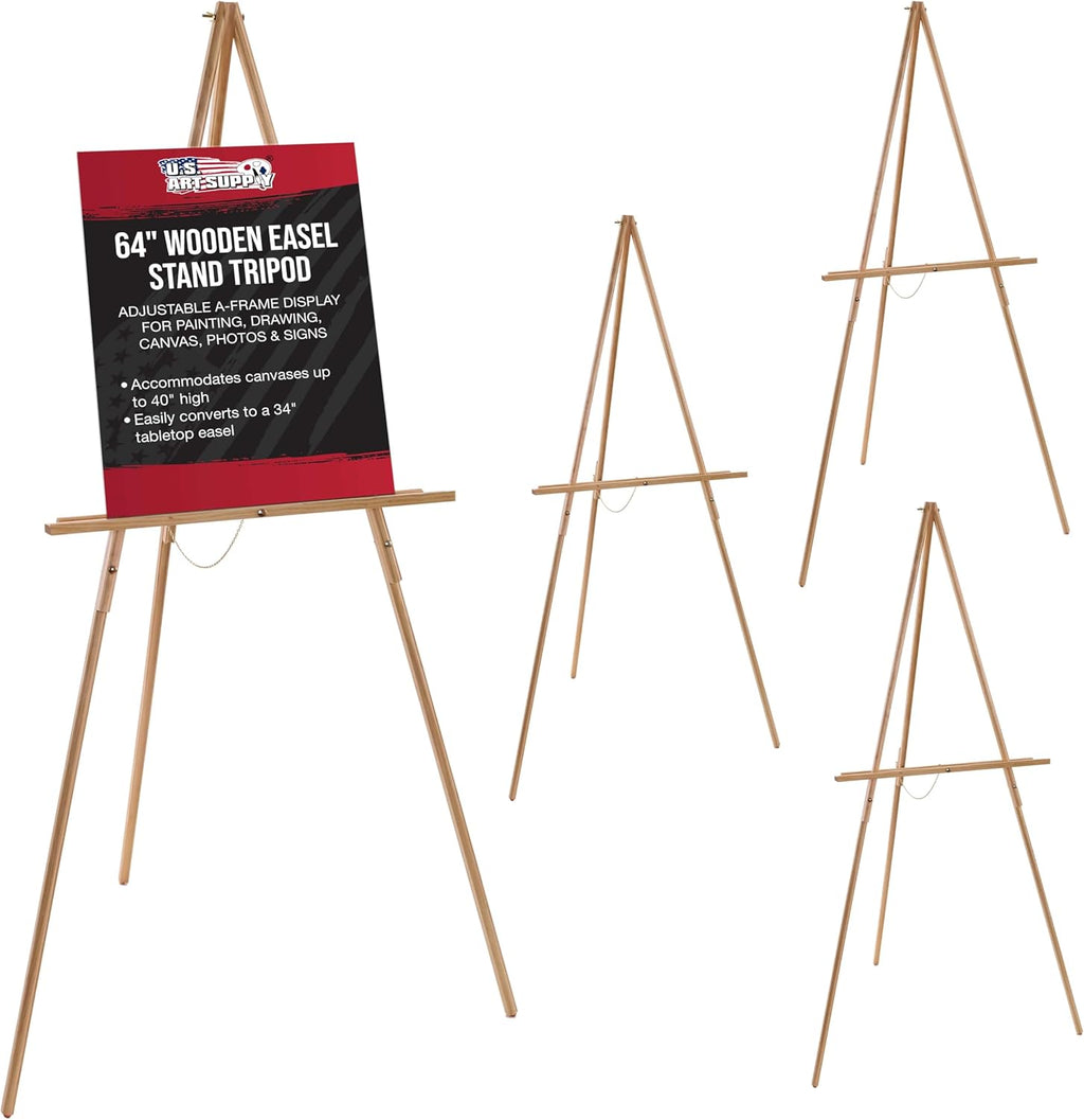 U.S. Art Supply 64inch Wooden Easel Stand (4 Pack) - Adjustable A-Frame Tripod for Painting, Drawing, Photos & Signs - Lightweight Easels, Wood Easel Stand for Sign Wedding Display 40inch Canvas Capacity
