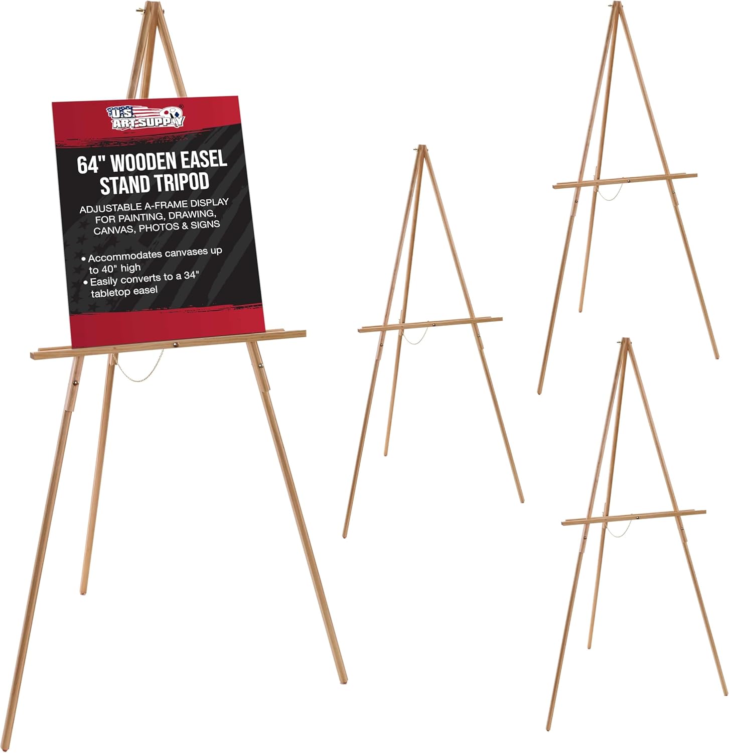 U.S. Art Supply 64inch Wooden Easel Stand (4 Pack) - Adjustable A-Frame Tripod for Painting, Drawing, Photos & Signs - Lightweight Easels, Wood Easel Stand for Sign Wedding Display 40inch Canvas Capacity