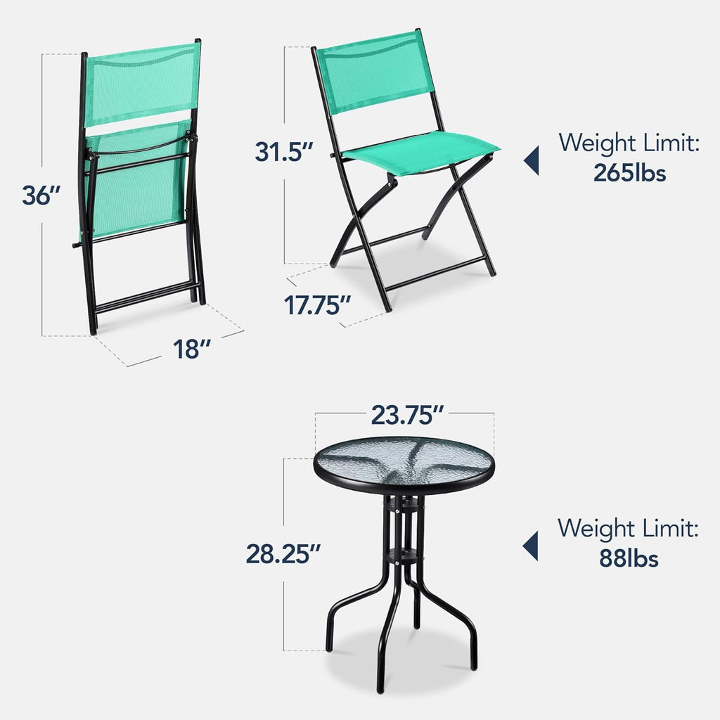 Best Choice Products 3-Piece Patio Bistro Dining Furniture Set w/Textured Glass Tabletop, 2 Steel Folding Chairs, Polyester Fabric - Mint