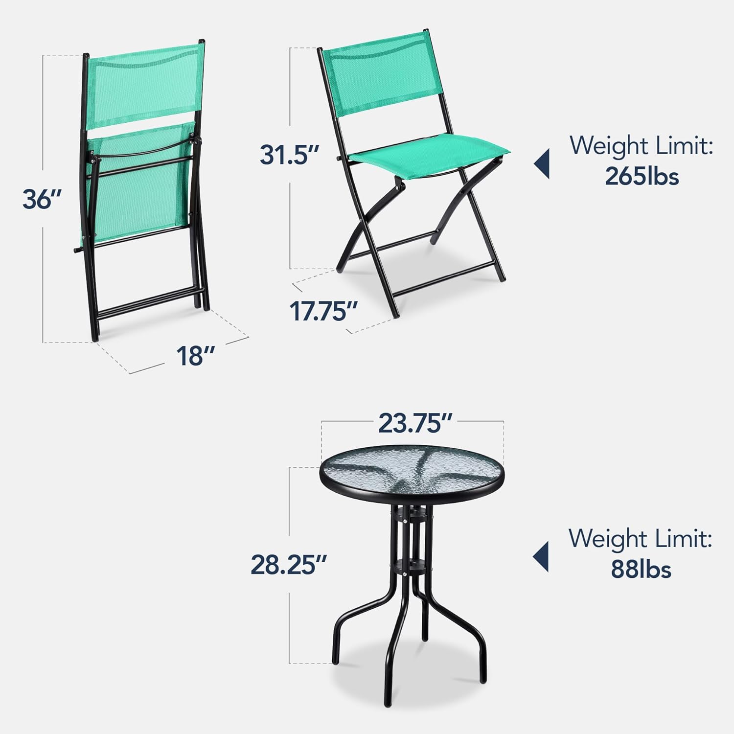 Best Choice Products 3-Piece Patio Bistro Dining Furniture Set w/Textured Glass Tabletop, 2 Steel Folding Chairs, Polyester Fabric - Mint
