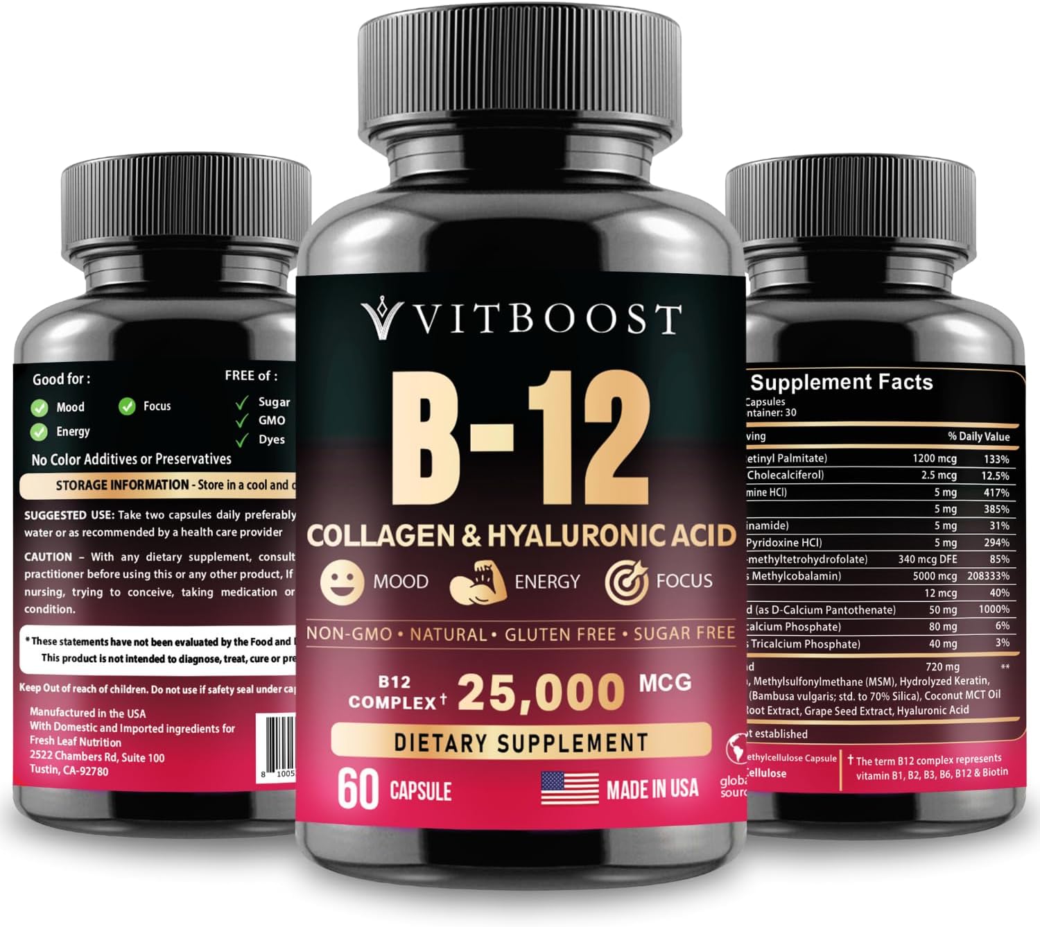 B12 with Hyaluronic Acid, Collagen and Folate ¨C 25000 mcg B12 Complex | Maximize Absorption & Energy | Gluten Free USA Made, B1, B2, B3, B6, B7, B12 vitamins 5000 mcg Methylcobalamin - 60 Capsules