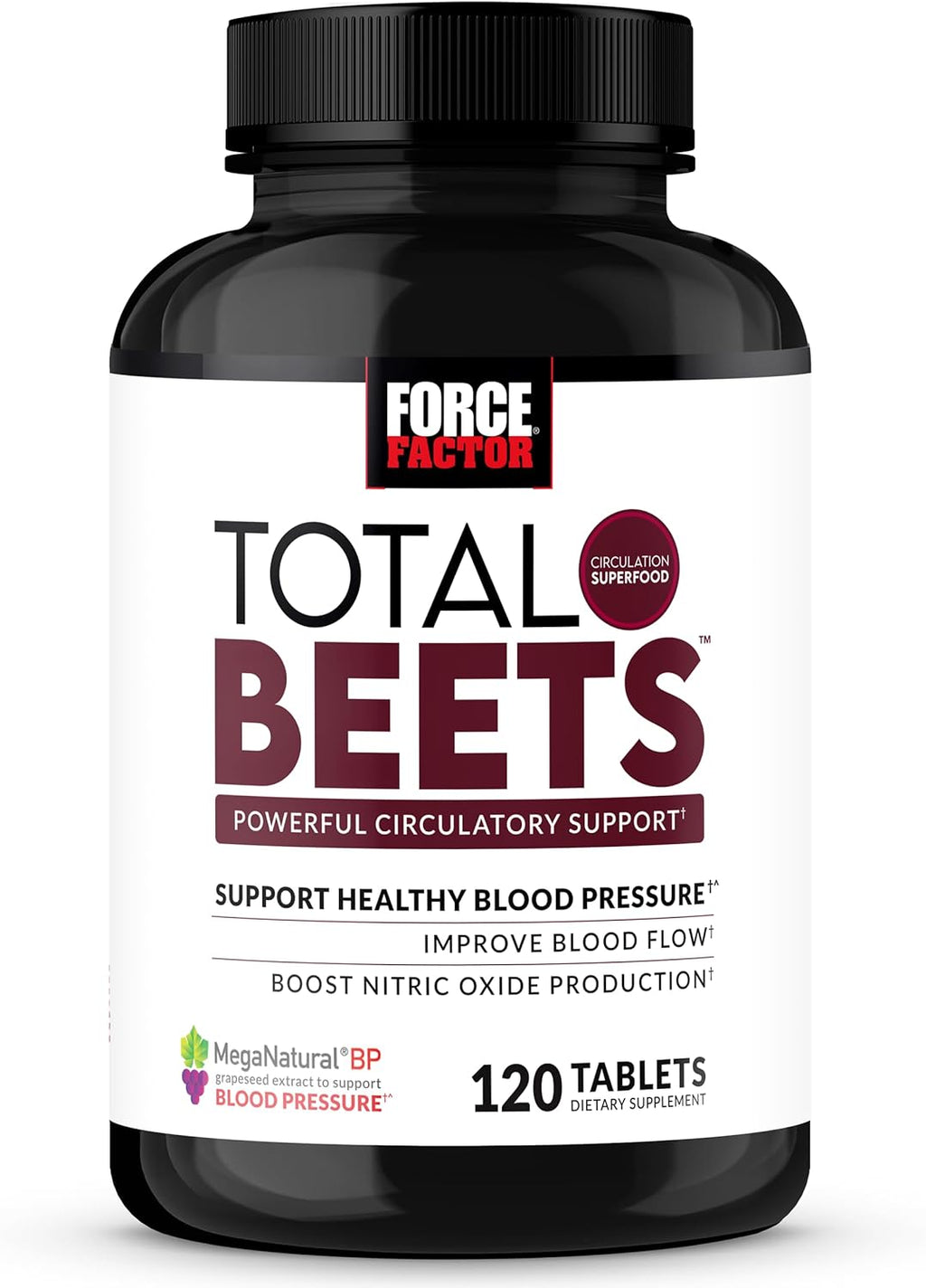 Force Factor Total Beets Blood Pressure Support with Grape Seed Extract and Non GMO Beet Root Powder for Heart Health, Circulation, Blood Flow, 120 Count