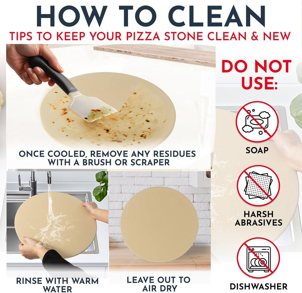 3PCS Round Pizza Stone for Oven Set 15inch - Comes with Pizza Peel for Oven and Cutter - Cordierite Stones for Bread, Calzone, Cookies