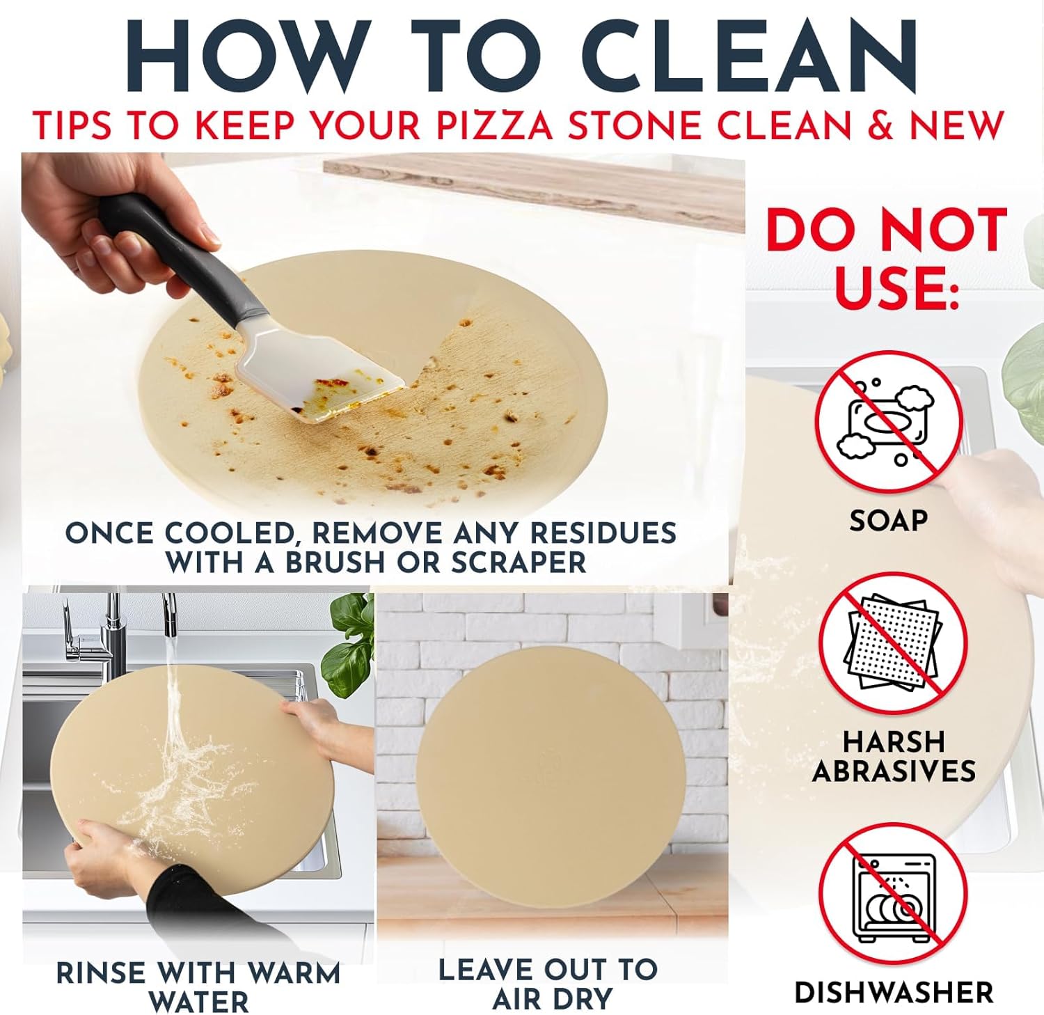 3PCS Round Pizza Stone for Oven Set 15inch - Comes with Pizza Peel for Oven and Cutter - Cordierite Stones for Bread, Calzone, Cookies