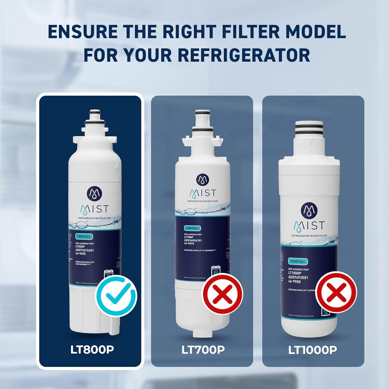 Mist ADQ73613401 Refrigerator Water Filter Replacement for LG LT800P, ADQ73613402, Kenmore 46-9490, Fridge LSXS26326S ¨C NSF 42 Certified ¨C 3 Pack