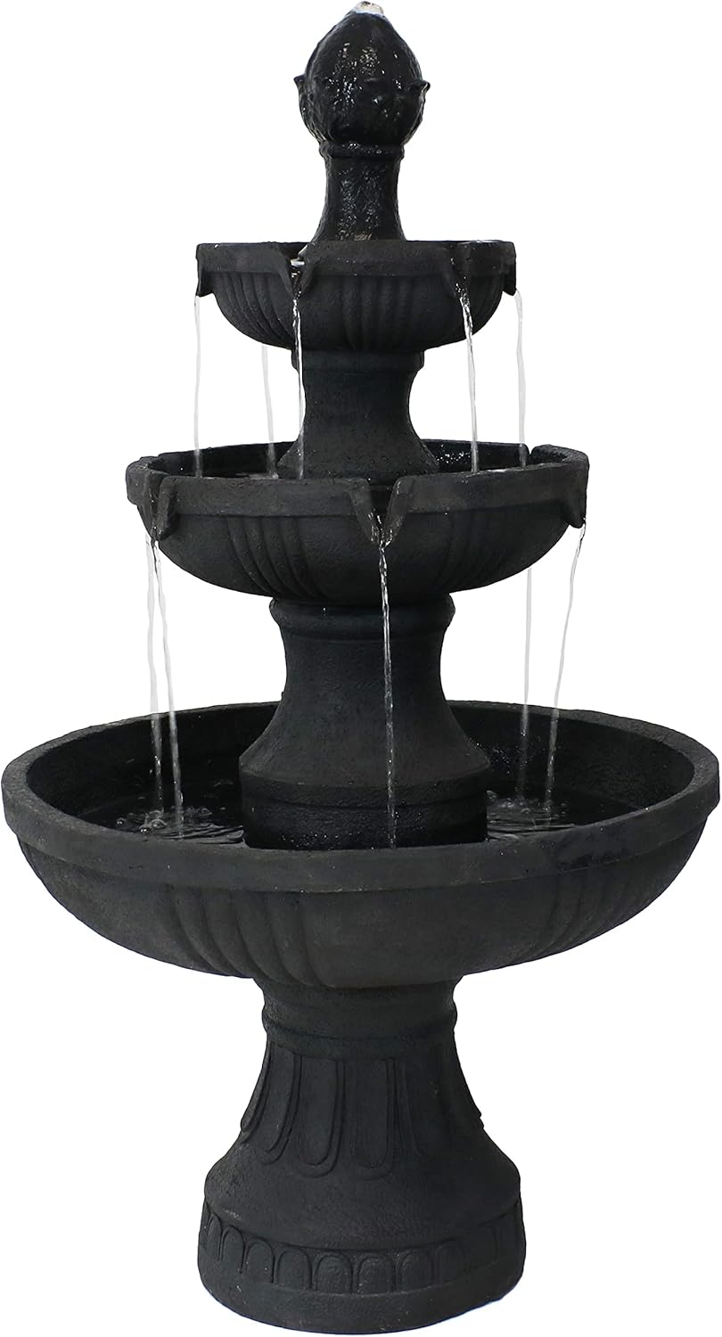 Sunnydaze Flower Blossom 43-Inch Electric Water Fountain - Outdoor Water Feature - 3-Tier Fountain - Black Finish