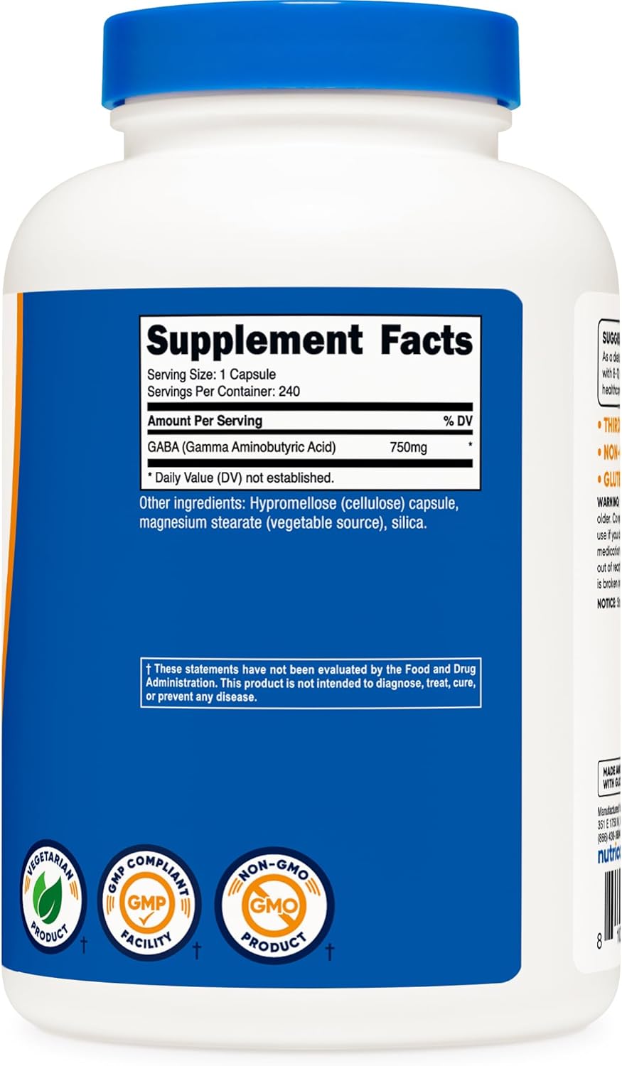 Nutricos GAB (Gamm Aminobutyri Acid 750mg 24 Capsules 24 Serving Non-GMO Glute Free