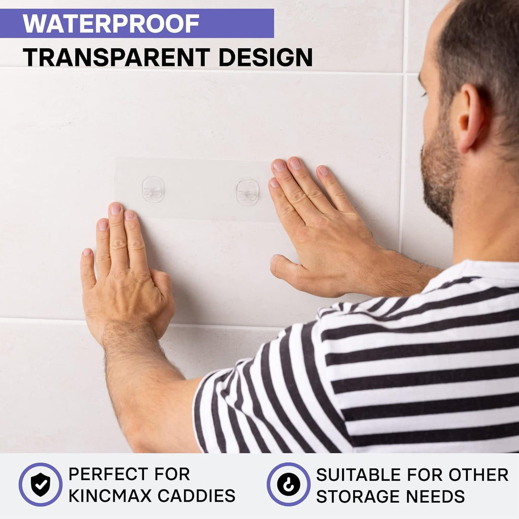 KINCMAX 4 Packs Strong Sticky Waterproof Heavy-duty Wall Adhesives Nail Free Transparent Adhesive Pad No-trace Wall Stick Adhesives Hook Strip for Shower Caddy, Kitchen Racks, Bathroom Storage Shelves
