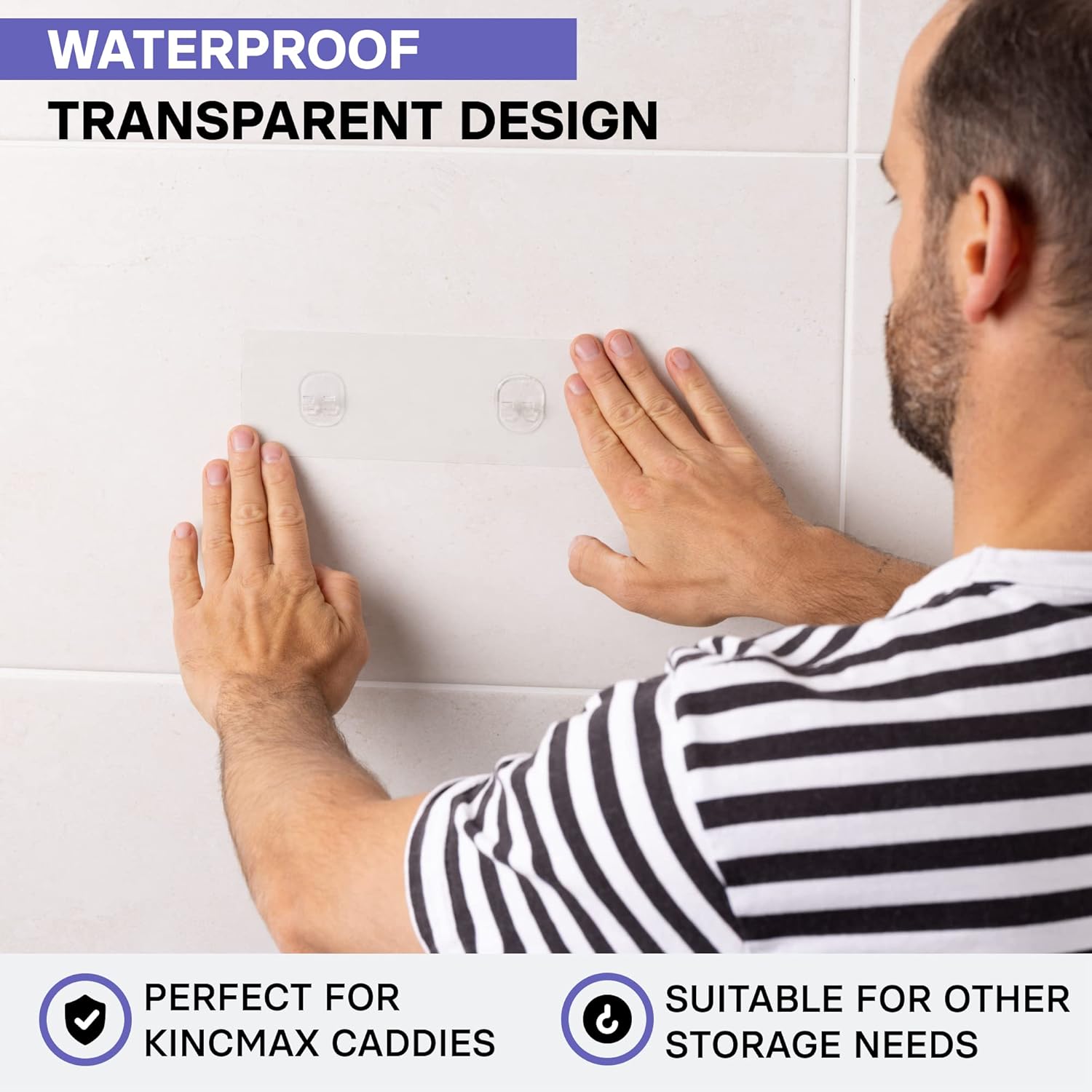 KINCMAX 4 Packs Strong Sticky Waterproof Heavy-duty Wall Adhesives Nail Free Transparent Adhesive Pad No-trace Wall Stick Adhesives Hook Strip for Shower Caddy, Kitchen Racks, Bathroom Storage Shelves