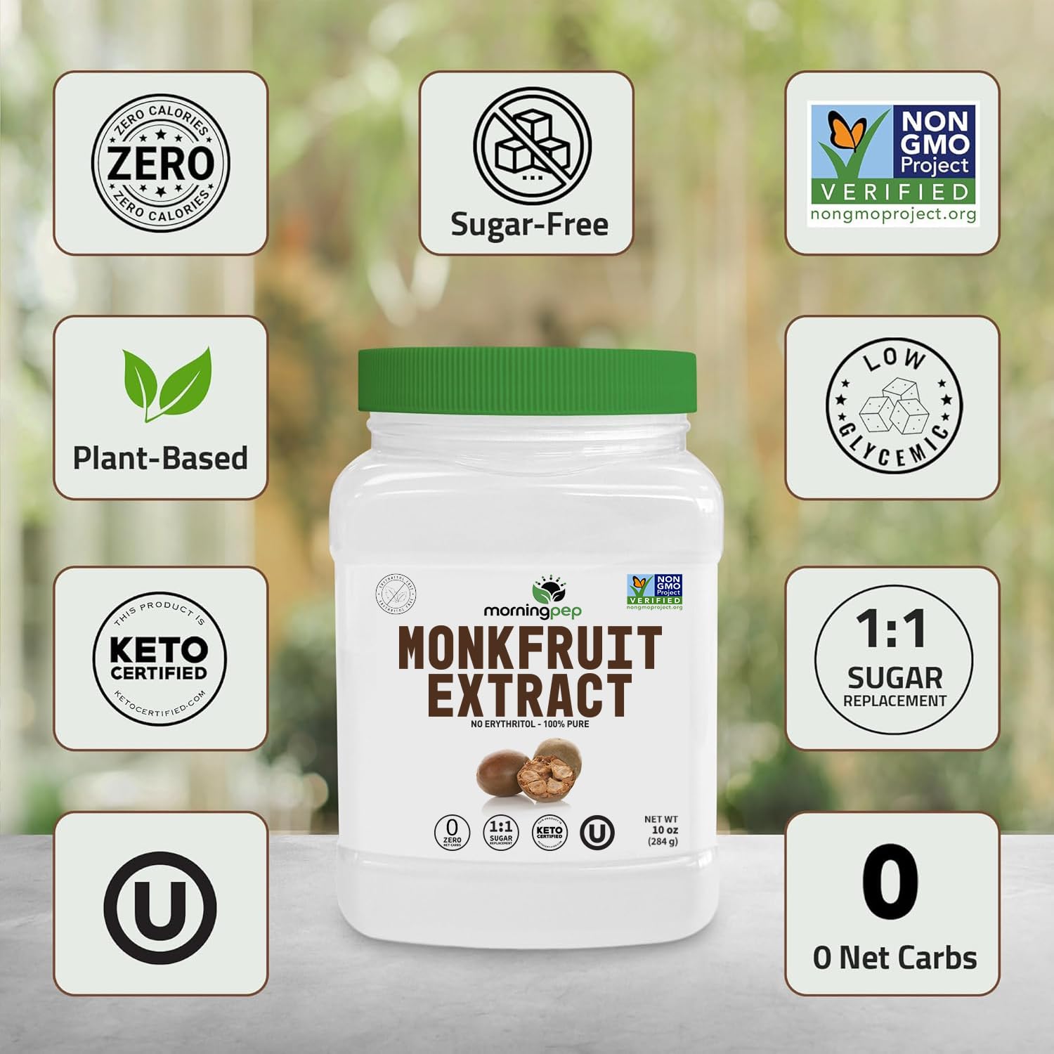 Morning Pep 100% Pure Monk Fruit extract sweetener, No Erythritol, Monkfruit Extract Powder, NON-GMO Project Verified, Keto Certified, OU kosher, No Fillers Zero Calories | Over 900 Servings | 10 oz