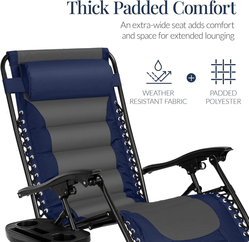 Best Choice Products Oversized Padded Zero Gravity Chair, Folding Outdoor Patio Recliner, XL Anti Gravity Lounger for Backyard w/Headrest, Cup Holder, Side Tray, Polyester Mesh - Navy/Gray