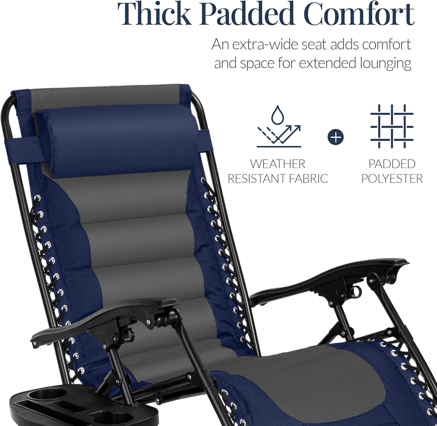 Best Choice Products Oversized Padded Zero Gravity Chair, Folding Outdoor Patio Recliner, XL Anti Gravity Lounger for Backyard w/Headrest, Cup Holder, Side Tray, Polyester Mesh - Navy/Gray