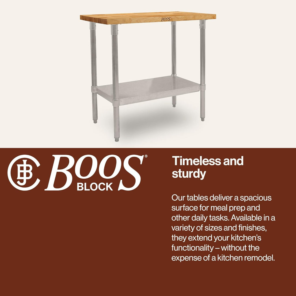 John Boos Maple Wood Top Work Table, 36¡±x24¡±x36¡± ¨C 1.5¡± Thick Tabletop, 68-lb Kitchen Station with Wooden Edge-Grain Table & Steel Base, & Adjustable Shelf