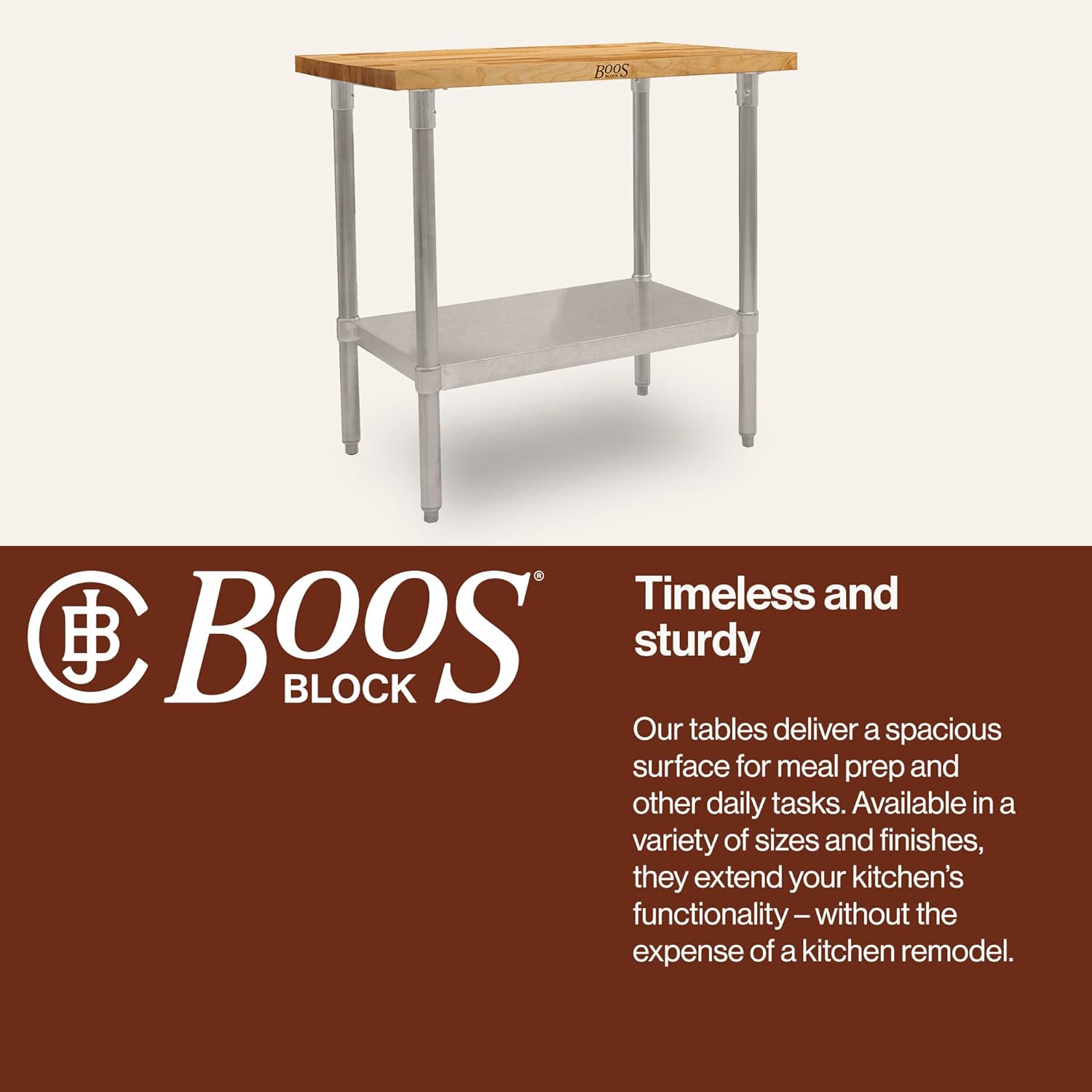 John Boos Maple Wood Top Work Table, 36¡±x24¡±x36¡± ¨C 1.5¡± Thick Tabletop, 68-lb Kitchen Station with Wooden Edge-Grain Table & Steel Base, & Adjustable Shelf