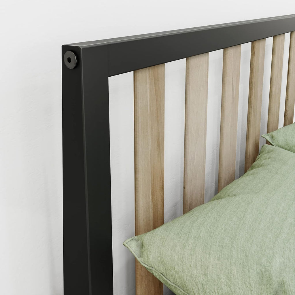 Max & Lily Twin Bed, Scandinavian Modern Bed for Kids, Solid Wood Twin Bed Frame with Slatted Headboard, No Box Spring Needed, Black/Blonde