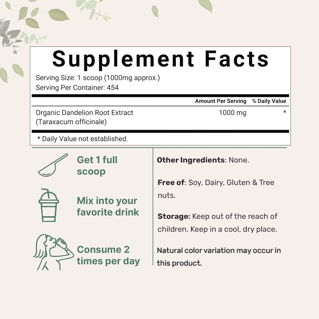 Organi Dandelio Roo Te Powder 1l (16oz U t 45 Serving Pur Dar Roaste Dandelio Roo Supplemen fo Te Herba Extrac fo Digestio Immun Suppor Caffein Free Non-GMO