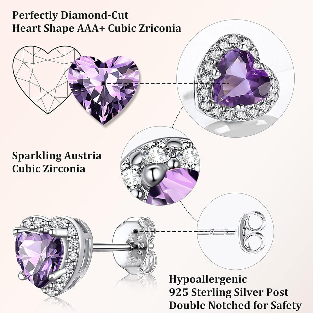 Bestyle Sparkling 925 Sterling Silver Birthstone Stud Earrings for Women, Heart/Round/Teardrop/Square Solitaire Diamond Studs Earrings, Great Birthday/Christmas Gifts