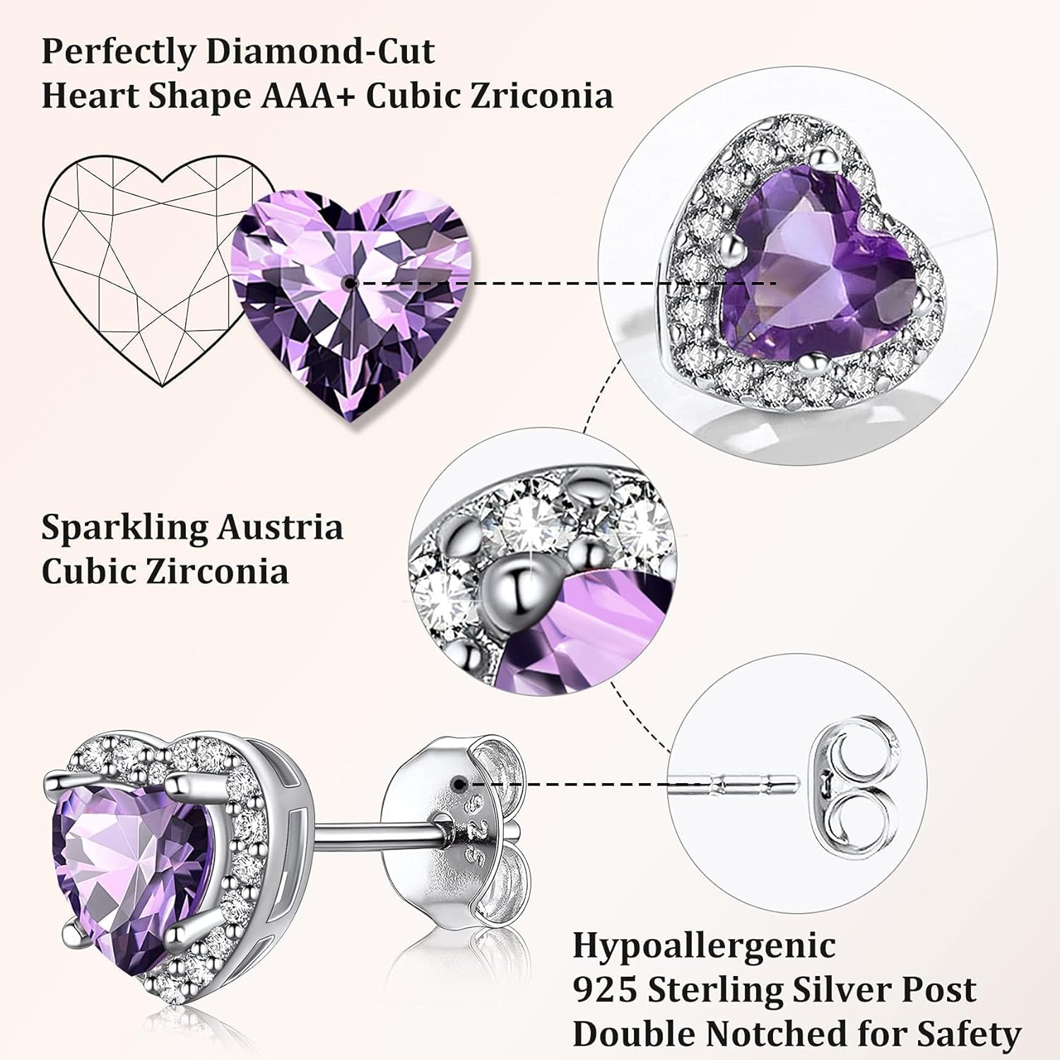 Bestyle Sparkling 925 Sterling Silver Birthstone Stud Earrings for Women, Heart/Round/Teardrop/Square Solitaire Diamond Studs Earrings, Great Birthday/Christmas Gifts