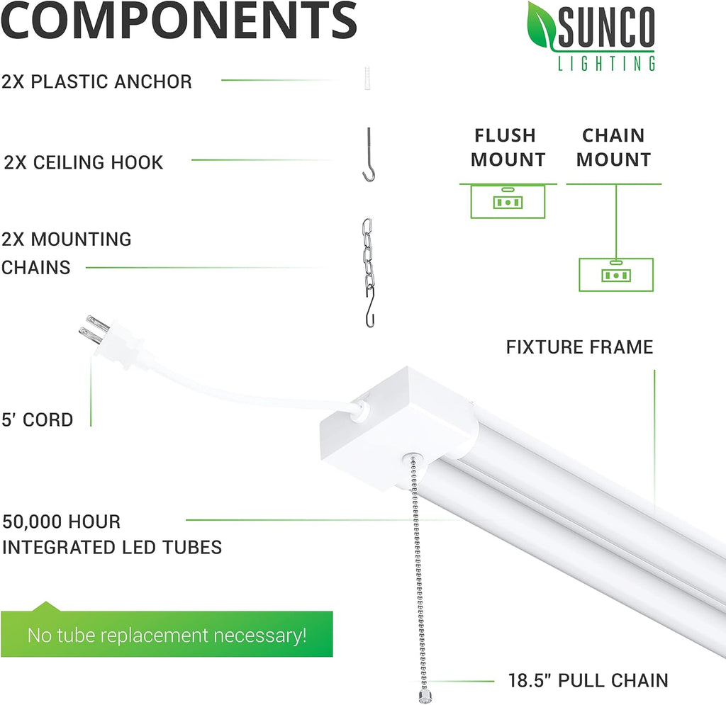Sunc 1 Pac 40W=260 LE Sho Ligh fo Worksho Garag 4FT Plu i Froste Len Linkabl Utilit Industria Fixture 5000 Daylight 410 Lumen Non-Dimmable Hanging Pul Chai ETL