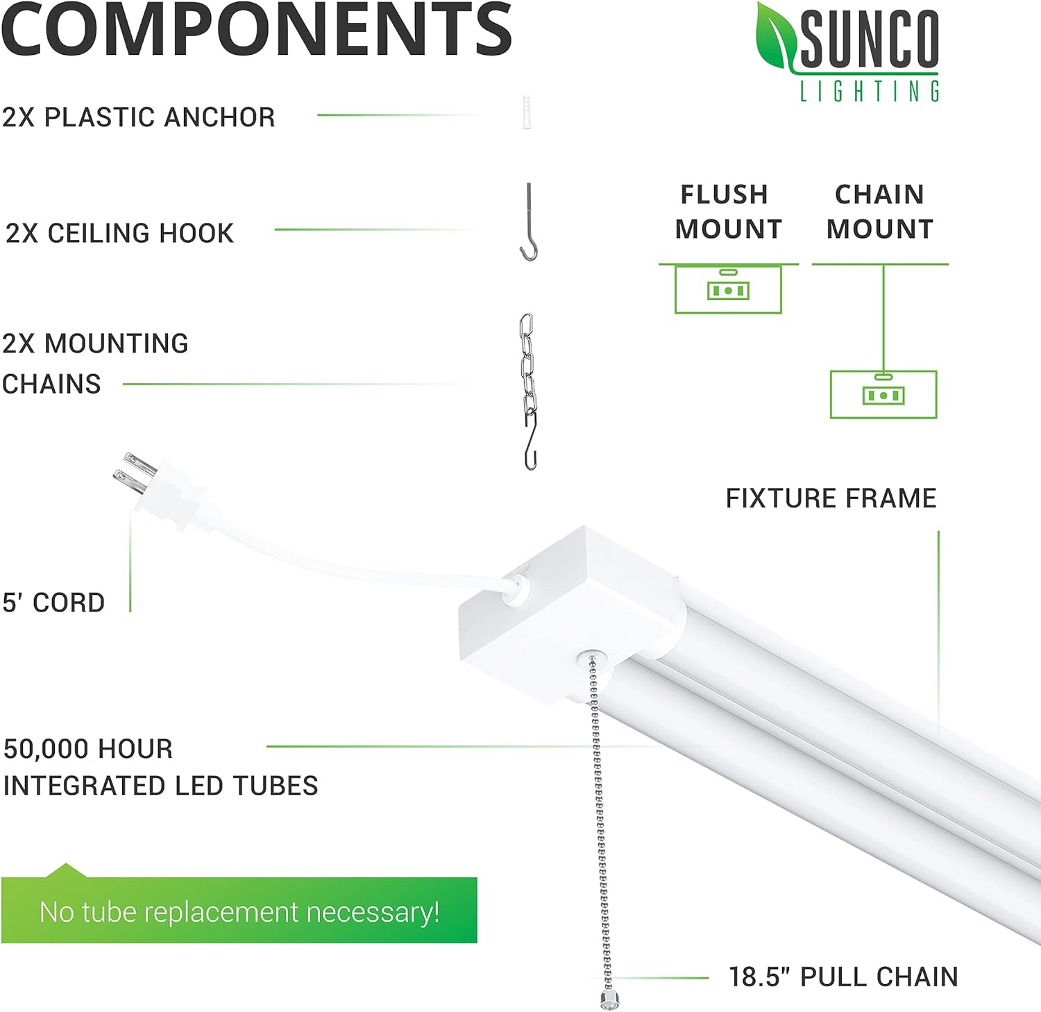 Sunc 1 Pac 40W=260 LE Sho Ligh fo Worksho Garag 4FT Plu i Froste Len Linkabl Utilit Industria Fixture 5000 Daylight 410 Lumen Non-Dimmable Hanging Pul Chai ETL