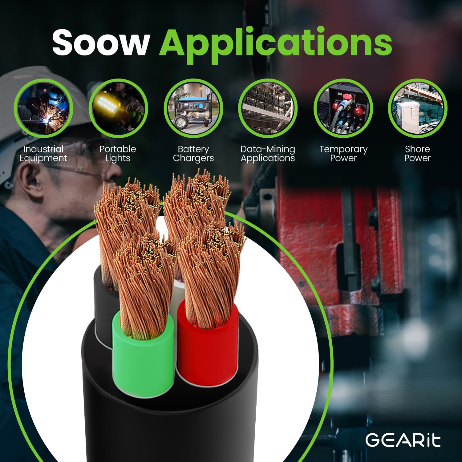 GEARit 14/4 14 AWG Portable Power Cable (100 Feet - 4 Conductor) SOOW 600V 14 Gauge Electric Wire for Motor Leads, Portable Lights, Battery Chargers, Stage Lights and Machinery -100ft Electrical Cord