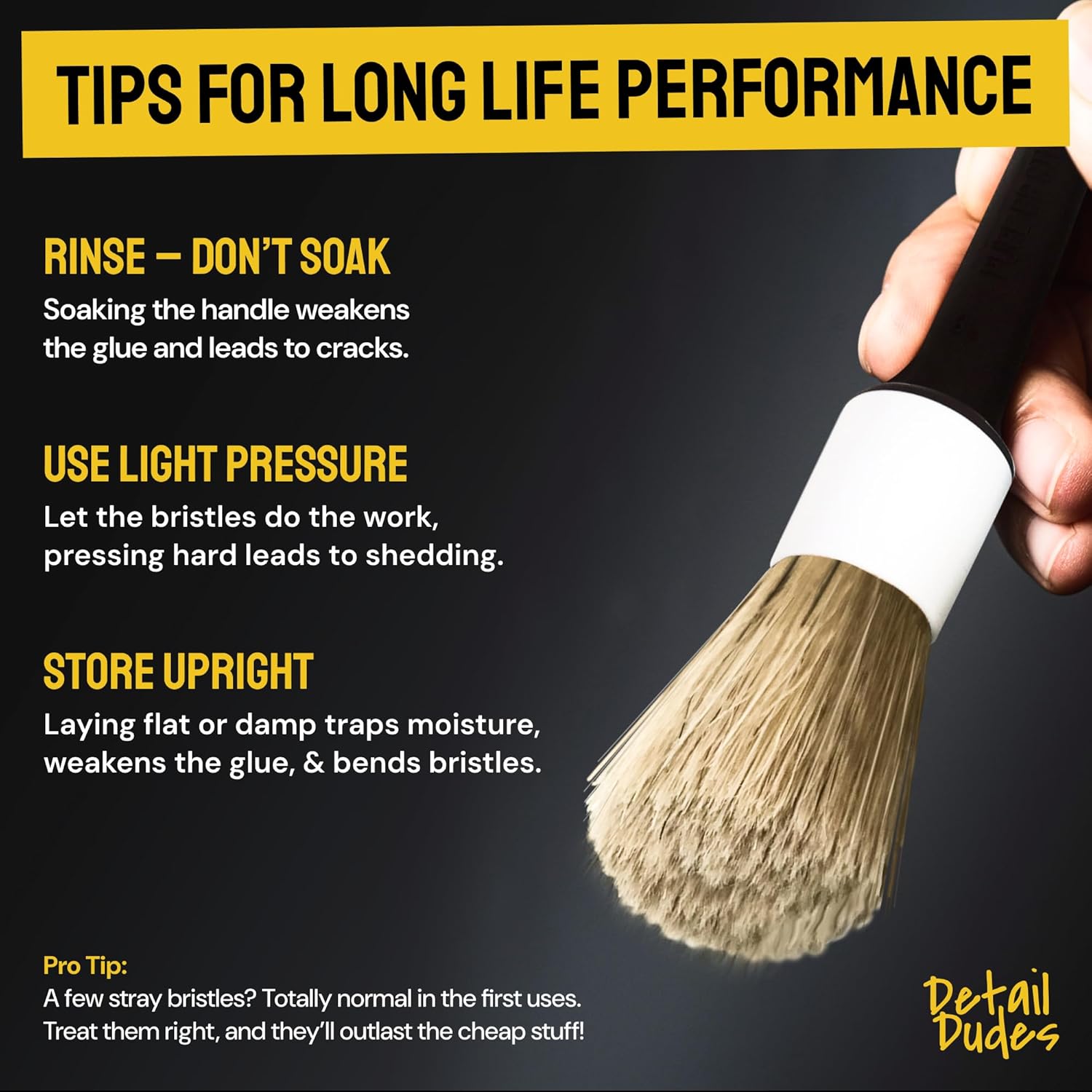 Soft Boar Hair Car Detailing Brush Set - 6-Pack - Scratch-Free Soft Bristle Cleaning Brushes - Reaches Tight Spots Interior Car Cleaning Kit - Ergonomic Durable Detailing Supplies