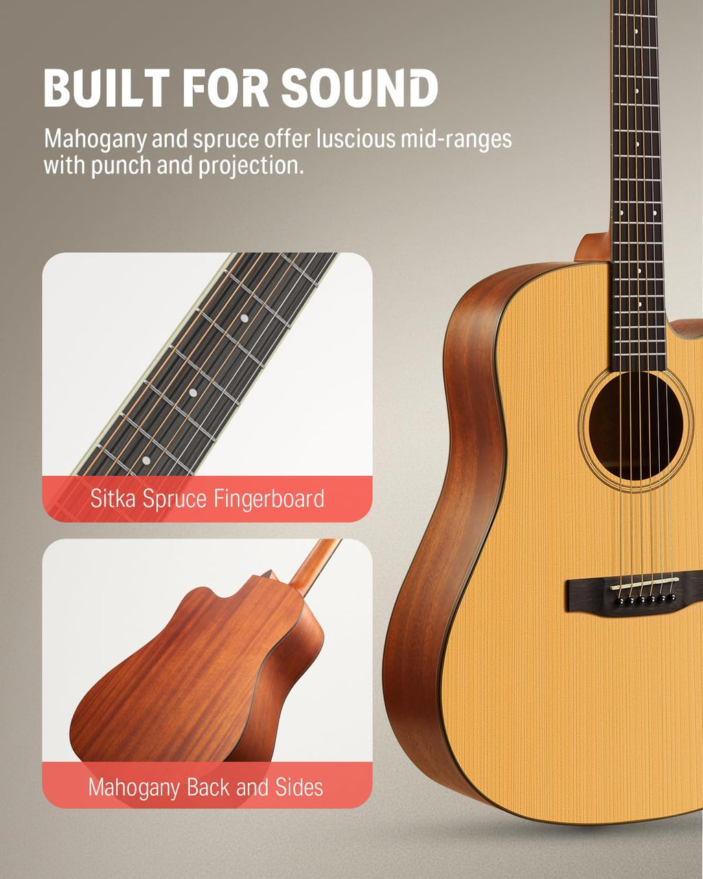 41¡± Acoustic Guitar Bundle for Beginners Adults with Online Lesson, 4/4 Full Size Steel Acustica Guitarra with Gig Bag, Tuner, Strap, Strings, Picks, Capos, Cutaway, Natural, DAG-1C/DAD-110C