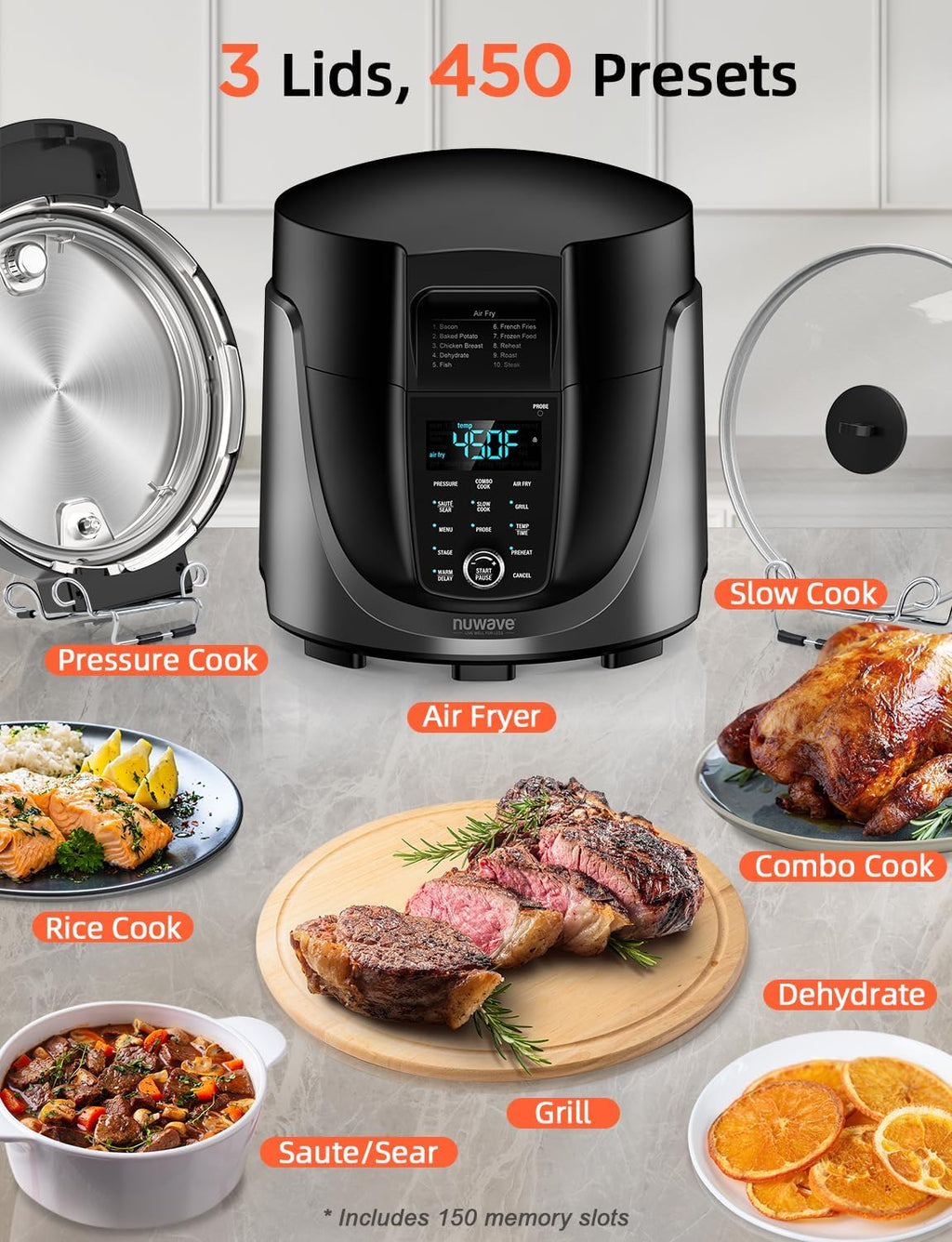 Nuwav Due Electri Pressur Cooke Ai Frye Combo 45 I Slo Cooke Gril wit Integrate Digita Tem Probe 6q S Pot Adjustabl High/Lo Pressure Built-i Sure-Loc Safet Tech