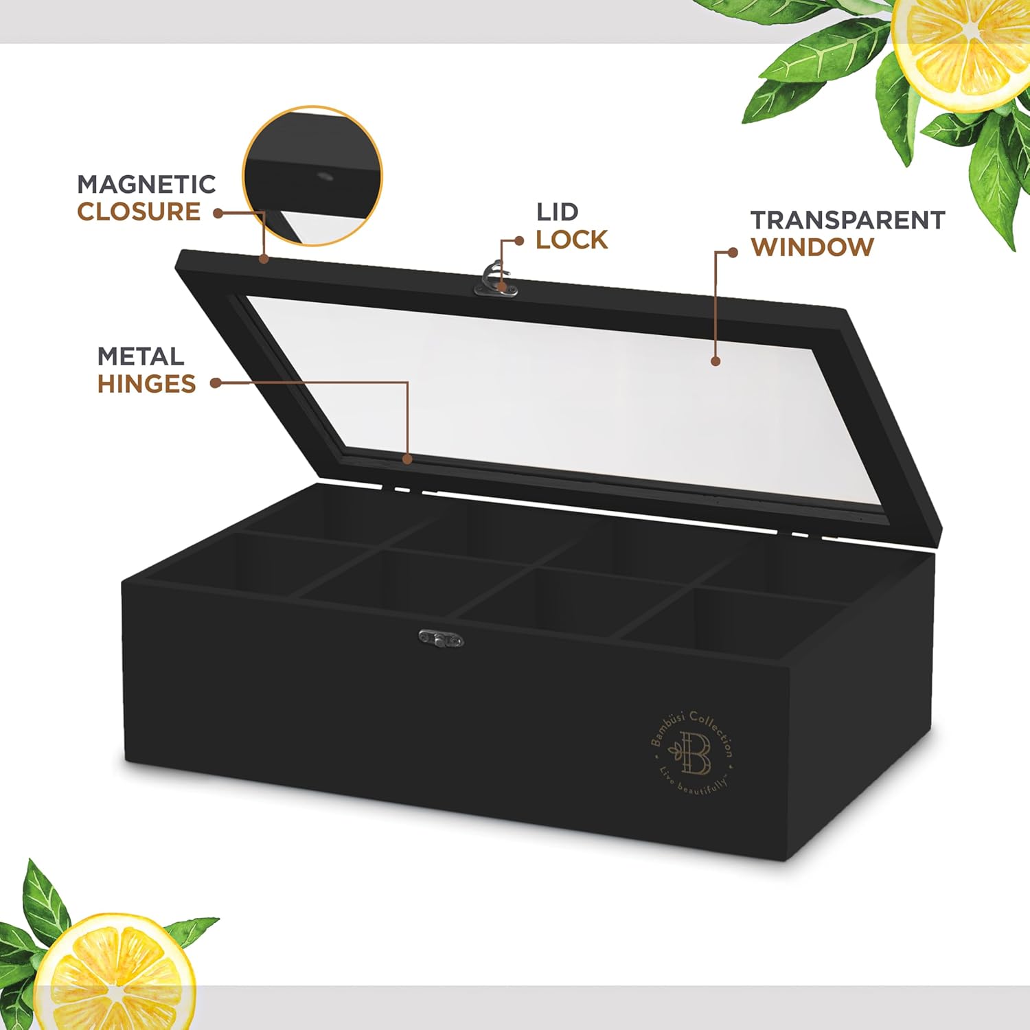 Bamb¨¹si Tea Bag Organizer - Bamboo Tea Box Organizer Storage Box, Tea Bag Holder with Acrylic Window, Magnetic Lid Keeps Tea Bags Fresh - Ideal Gifts Tea Organizer Caddy (Tea Not Included) - Black