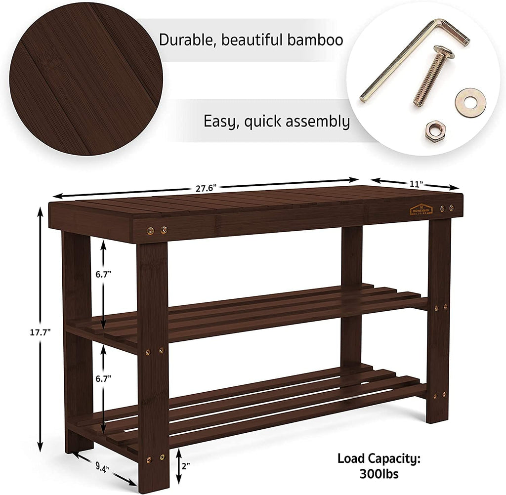 Homemaid Living Bamboo 3 Tier Shoe Rack Bench, Premium Shoe Organizer or Entryway Bench, Perfect for Shoe Cubby, Entry Bench, Bathroom Bench, Entryway Organizer, Hallway or Living Room(Brown)