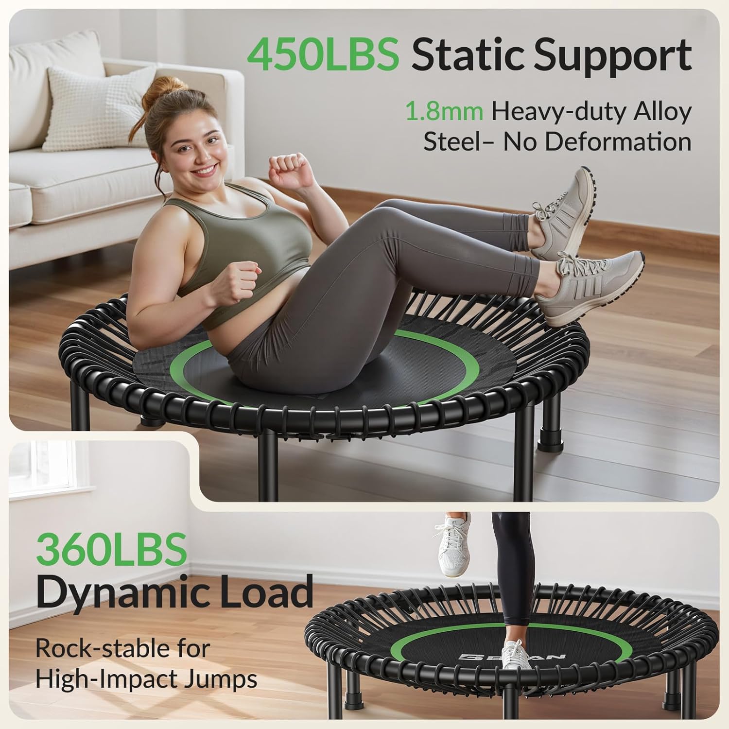BCAN 450LBS/550LBS Foldable Mini Trampoline, 40inch/48inch Adult Fitness Trampoline with Durable Bungees, Stable & Quiet Exercise Rebounder,Great Mini Trampoline for Indoor/Garden Workout