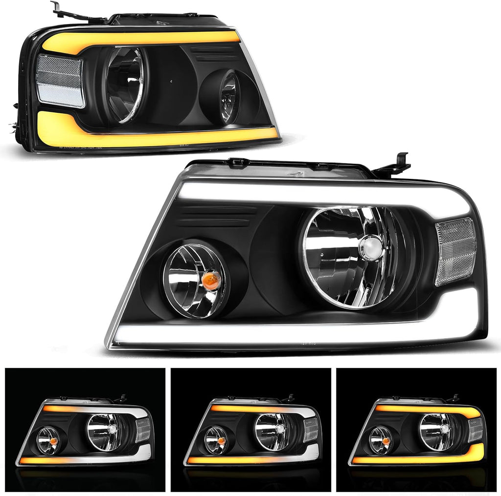 AUTOSAVER88 Switchback LED Tube Headlights Assembly Compatible with 2004-2008 Ford F150 F-150 DRL Headlight Headlamp Replacement Pair with Daytime Running Light Black Housing Clear Reflector