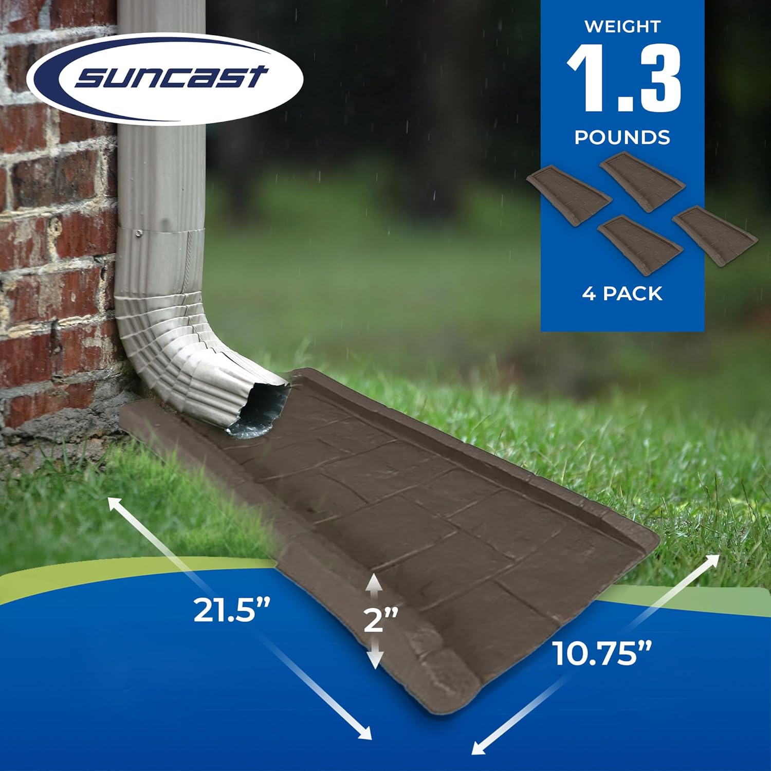 Suncast Outdoor System Protective Decorative Rain Gutter Downspout Splash Block, Easy to Install, Lightweight 1.3 Pounds, Java 4 Pack
