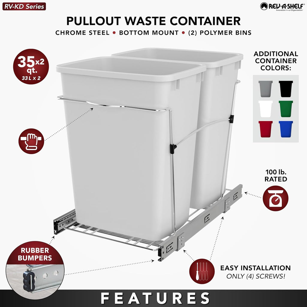 Rev-A-Shelf Double Pullout Trash Can for Kitchen Cabinets 35 Qt Garbage Recycling Bin on Full-Extension Slides, Silver, RV-18KD-17C S