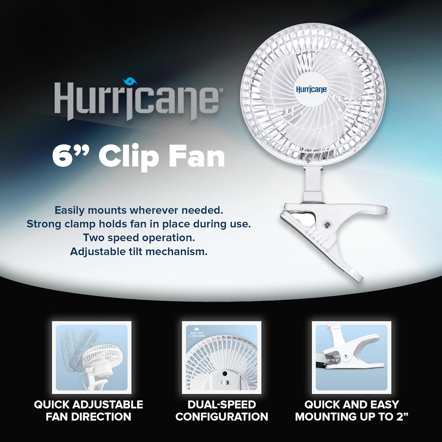 Hurricane 2-Pack Classic Clip-On Table Fan with 2 Quiet Speeds, White, 6inch - Portable Corded Electric Air Cooling Unit with 306 CFM and Adjustable Tilt for Desk, Shelf, Home, Office or Dorm Use