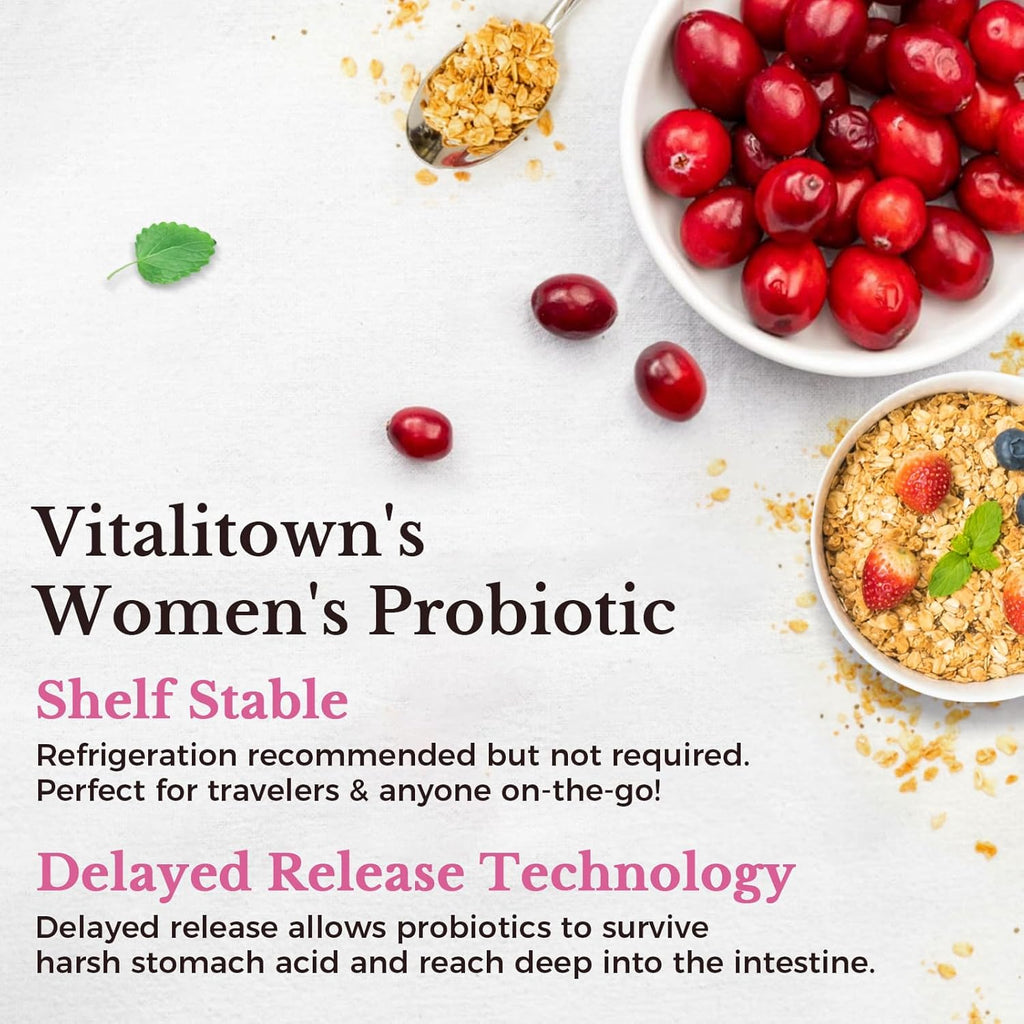 Vitalitown Probiotics for Women 120 Billion CFUs, 30 Strains, with Prebiotics Digestive Enzymes Cranberry, Gut Vaginal Health, Vegan 60 (Pack of 1) Delayed Release Caps