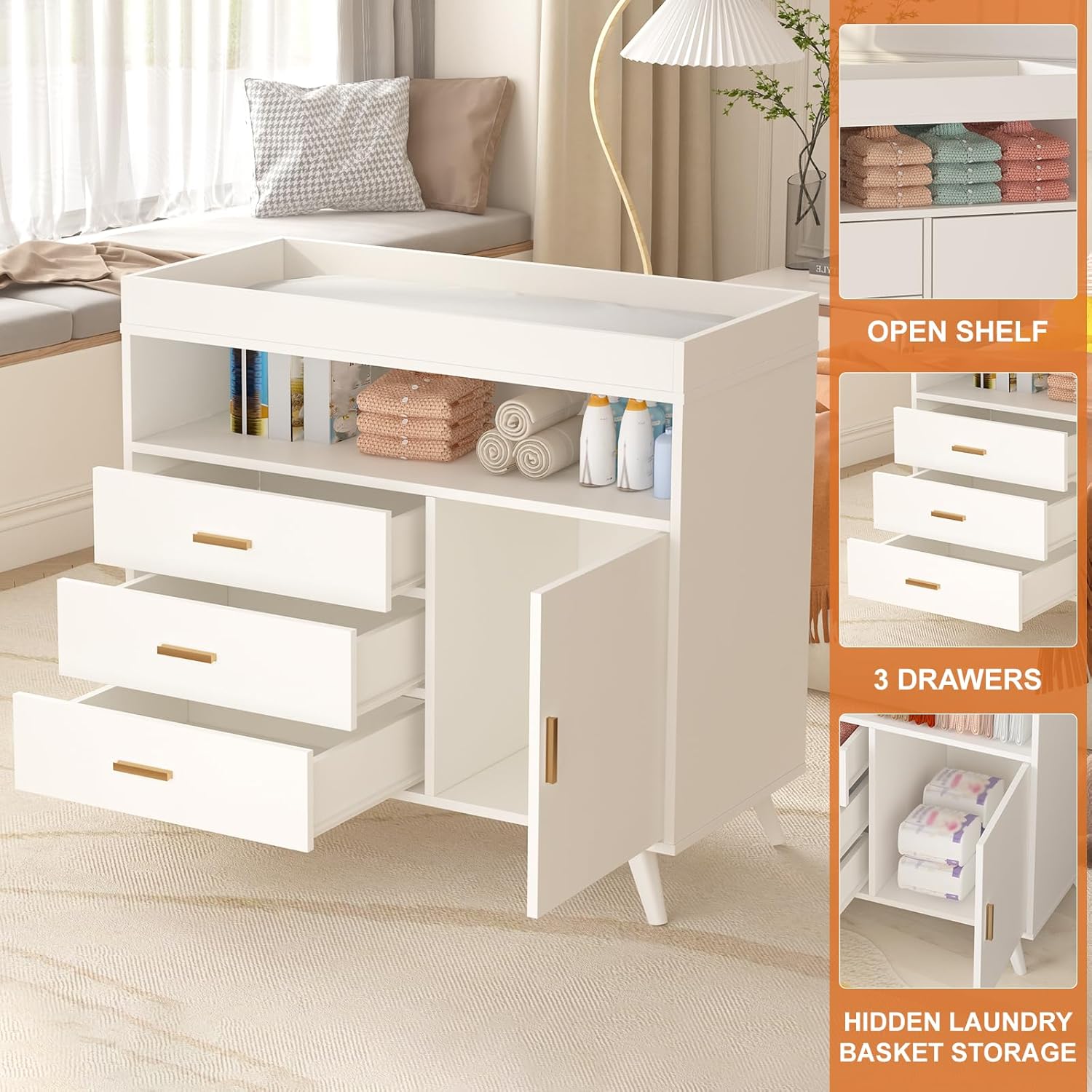 GarveeLif Bab Changin Tabl Dresse fo Infants 3-Drawe Change Dresse wit Removabl Changin pad Dresse wit Changin Tabl Top Dresse fo Nursery Woo Diape Changin Station