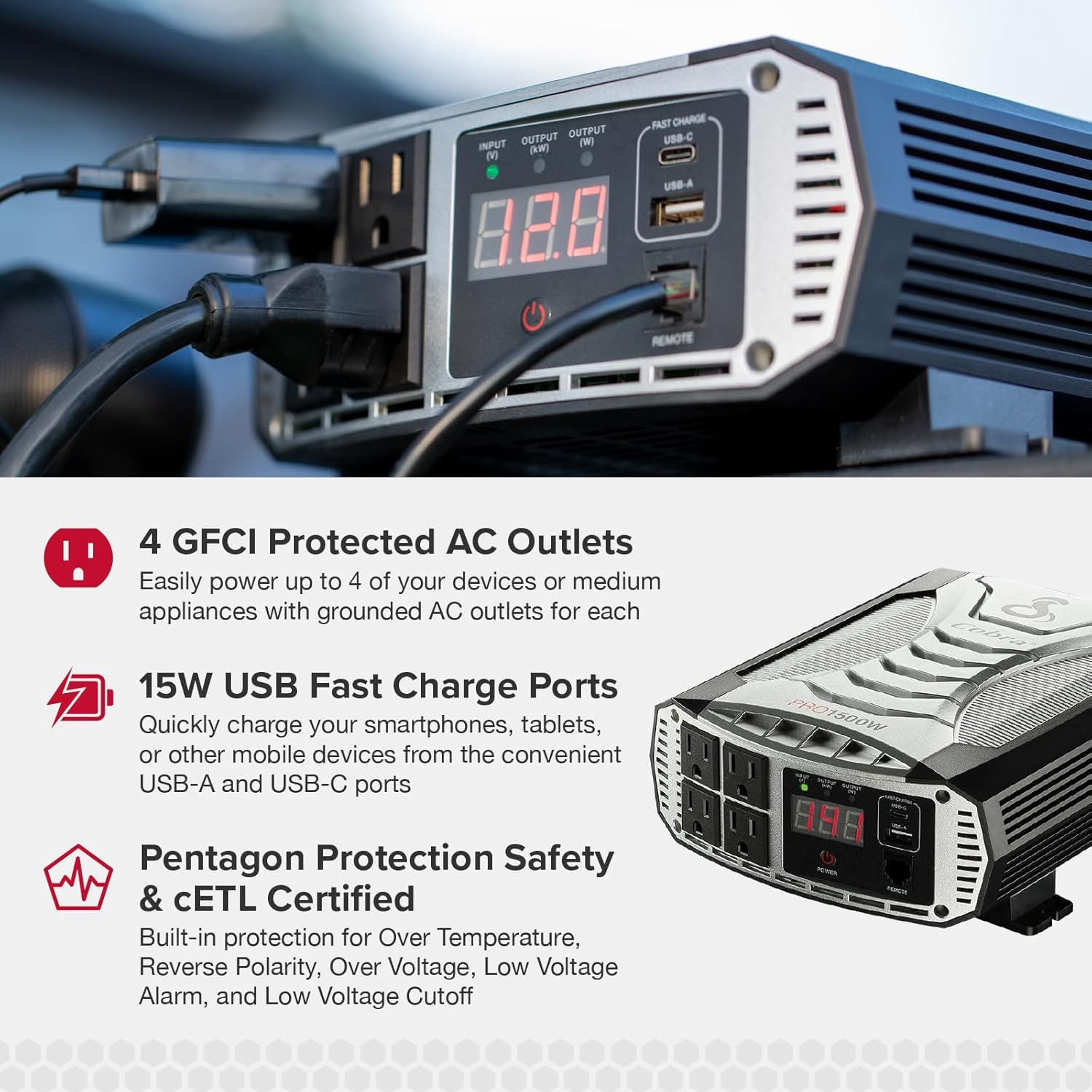 Cobra PRO 1500W Professional Grade Power Inverter, Portable ¨C 1500-Watt Car Charger, 4 Grounded AC Outlets, 2 Fast Charge USB Ports and Remote Controller (CPIALCDG1) Compatible