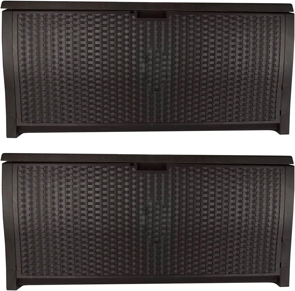 99 Gallon Plastic Wicker Deck Box Container Storage for Garden, Garage, Home, Pool, Indoor and Outdoor Use, Mocha (2 Pack)