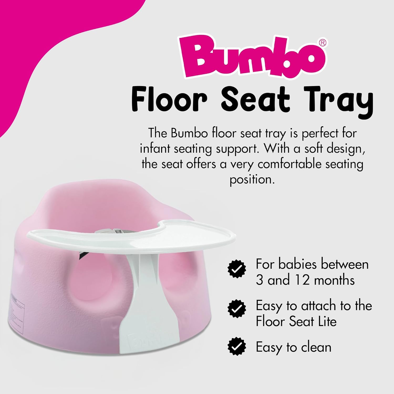 Bumbo Baby Floor Seat, Portable Infant Sit Up Activity Eating Chair with Tray Accessory, Pink - Feeding and Sitting Lounger for Babies and Infants Ages 3 to 12 Months
