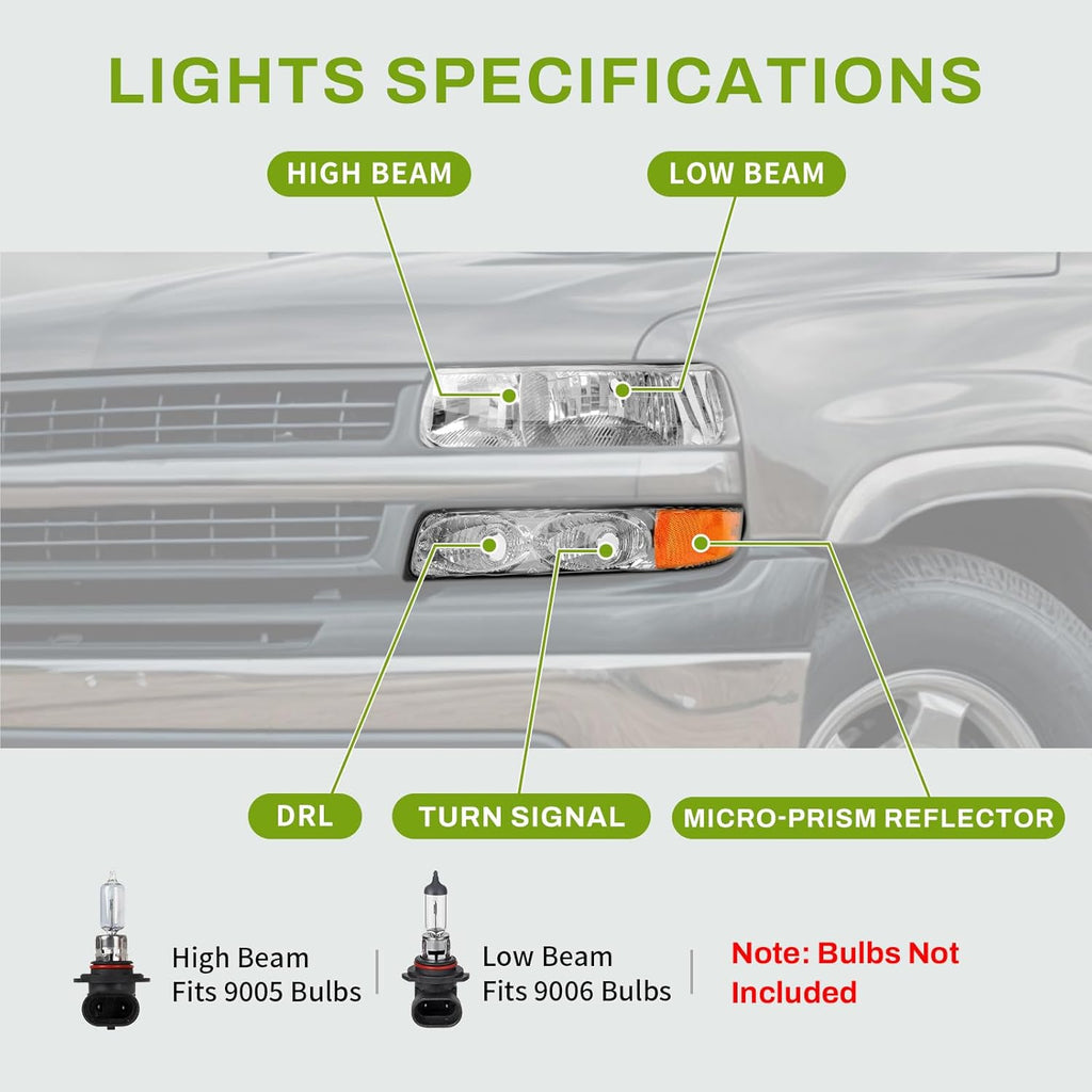 AUTOSAVER88 Headlight Assembly Compatible with 1999 2000 2001 2002 Chevy Silverado 1500 2500 Headlamp Pair Chrome Housing Amber Reflector