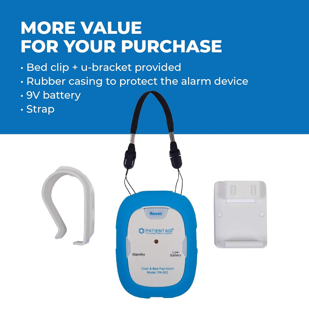 Patient Aid Bed Alarm with 10inch x 30inch Motion Sensor Pad and Wired Device with Rubber Casing, Ring Sound and Mounting Options, AC Adapter and Battery Powered Wandering and Fall Prevention for Elderly