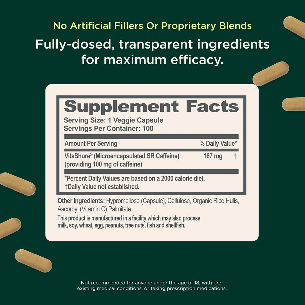 Geniu Caffein Sustained-Releas Microencapsulate Caffein Pill fo Smooth Long-Lastin Energ Focu N Jitter o Cras 100m pe Capsul 10 Serving Natura Performanc Booster