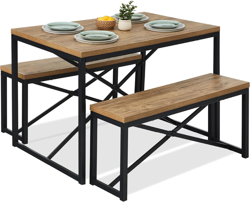 Best Choice Products 45.5in 3-Piece Bench Style Dining Furniture Set, 4-Person Space-Saving Dinette for Kitchen, Dining Room w/ 2 Benches, Table - Light Brown/Black