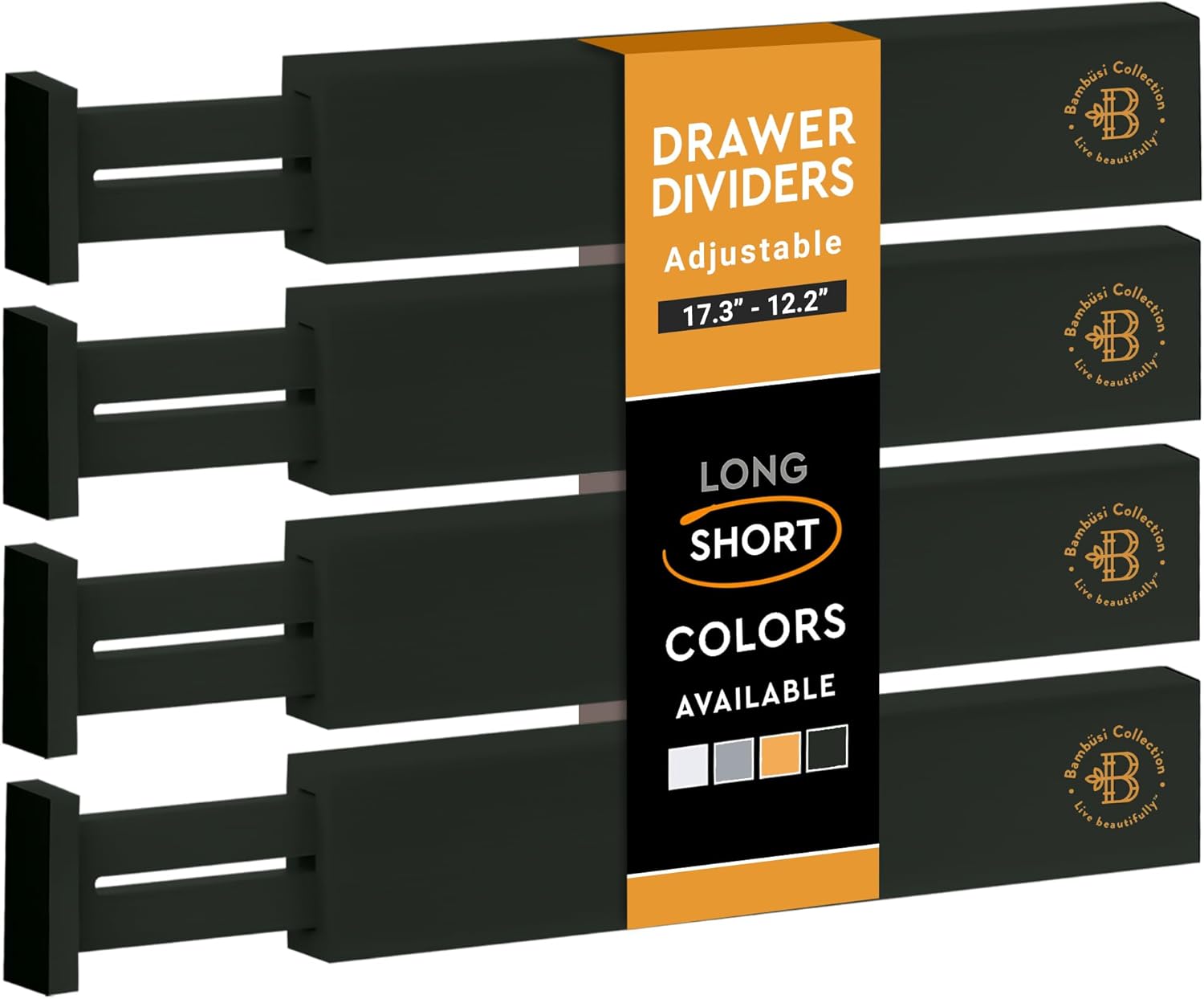 4 Pack Drawer Divider - Bamboo 2.6inch High, 12.5-17inch Adjustable Drawer Organizers for Clothes, Expandable Dresser Separators in Bedroom, Bathroom, Kitchen, Office Organization and Storage (Black)