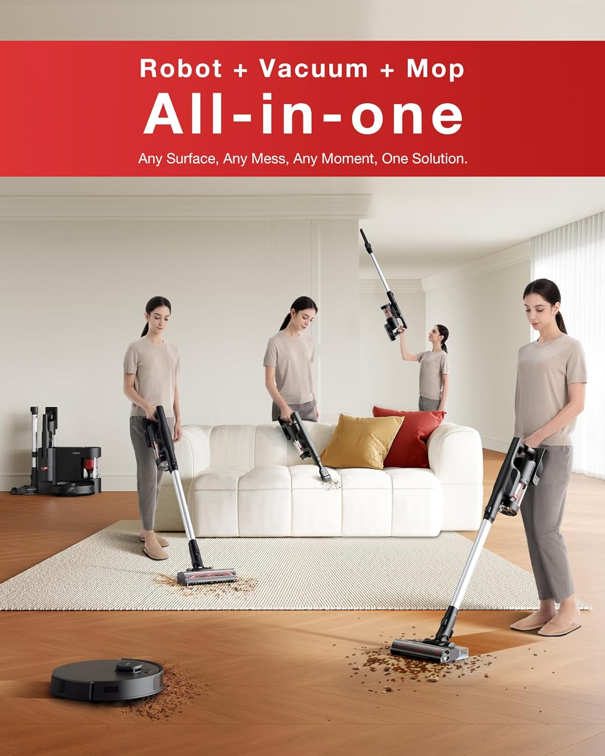 Yeed C1 Comb Cordles Stic Vacuu Robo Mopping All-in-on Cleanin Combot wit Dua Aut Self-Emptying 10000P Suctio Lightweight ZeroTangl Brus fo Har Floor Carpe Pe Hair