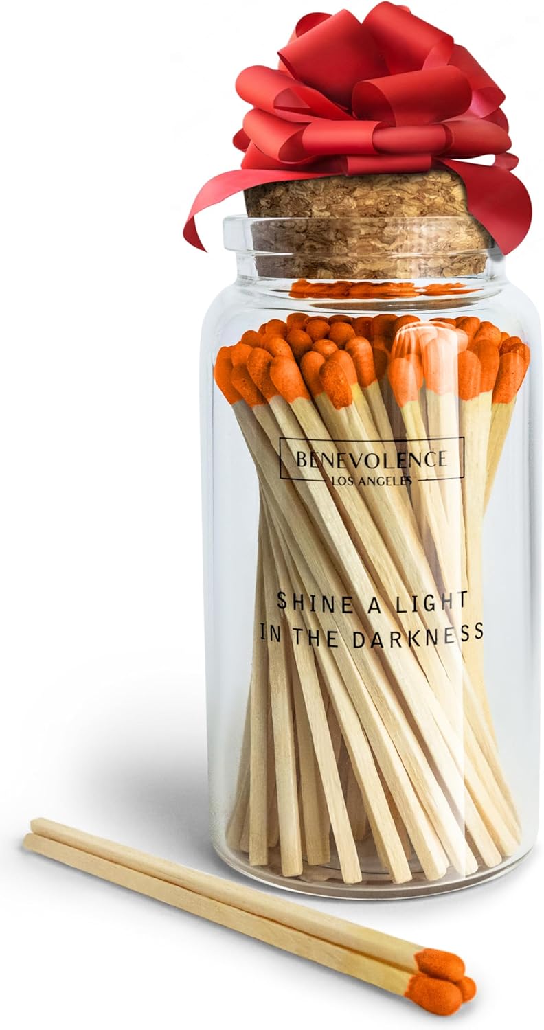 Benevolence LA Decorative Wooden Matches in Glass Jar with Striker | 4 Inches Colored Safety Long Match for Lighting Candles | Apothecary Home & Bathroom Decor - Fluorescent Orange